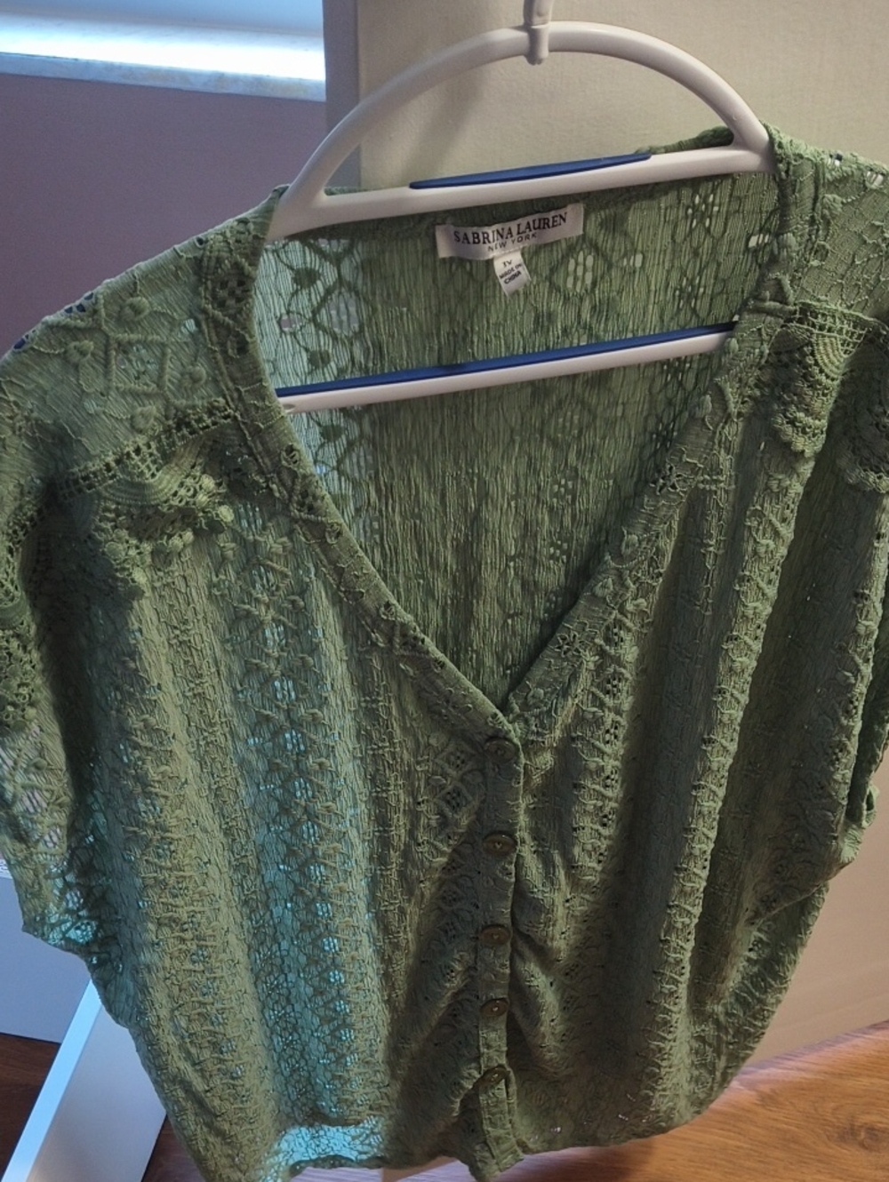 Sabrina Lauren Green Lace Button-Front Blouse